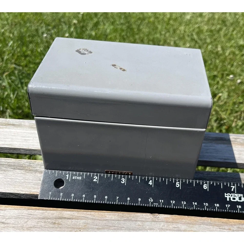 Vintage Flash Ling Gray‎ Steel Index Card File Box Hinged Lid USA Heavyweight